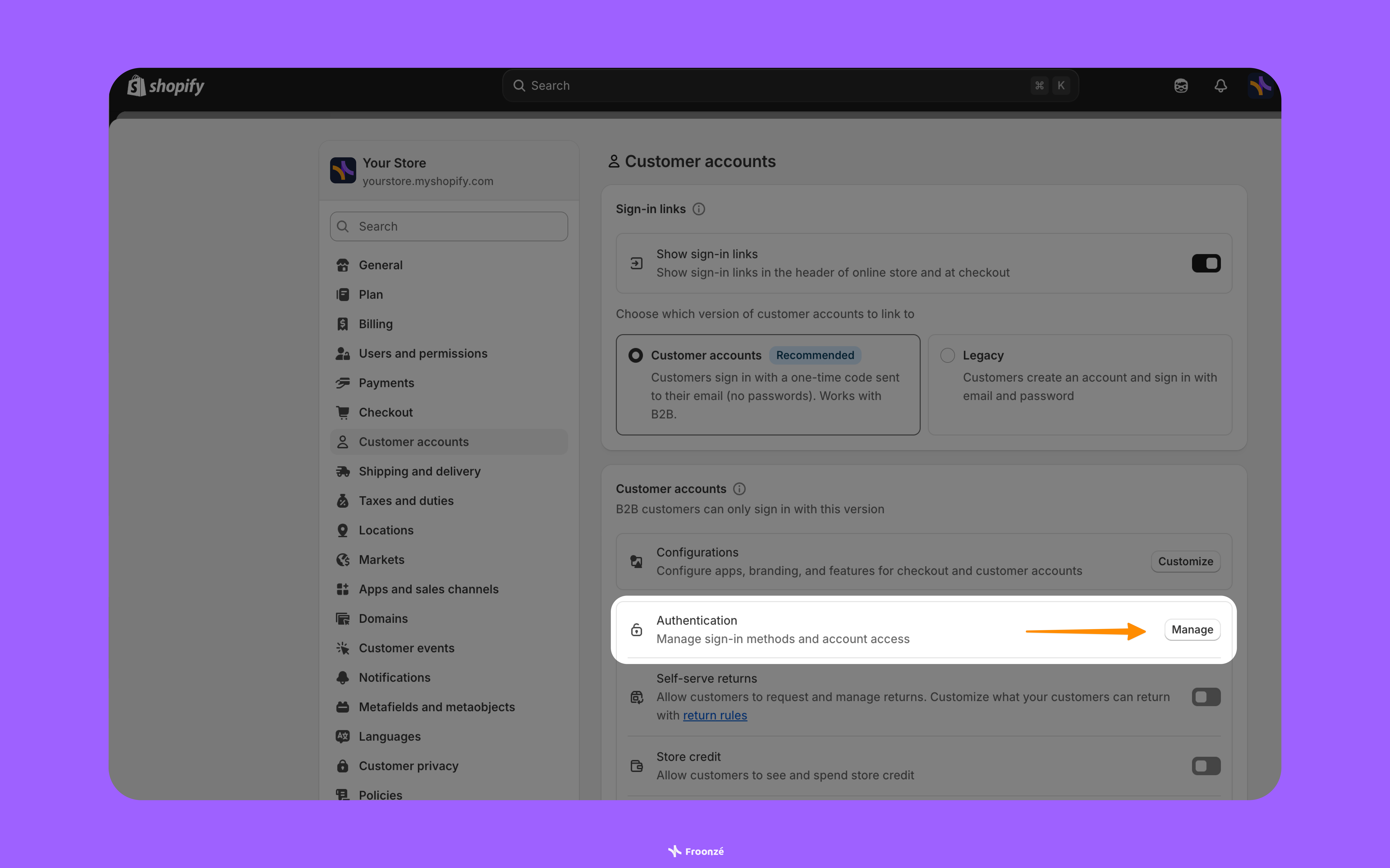 A screenshot highlighting the Authentication feature inside the Customer accounts page of the Shopify Admin Settings