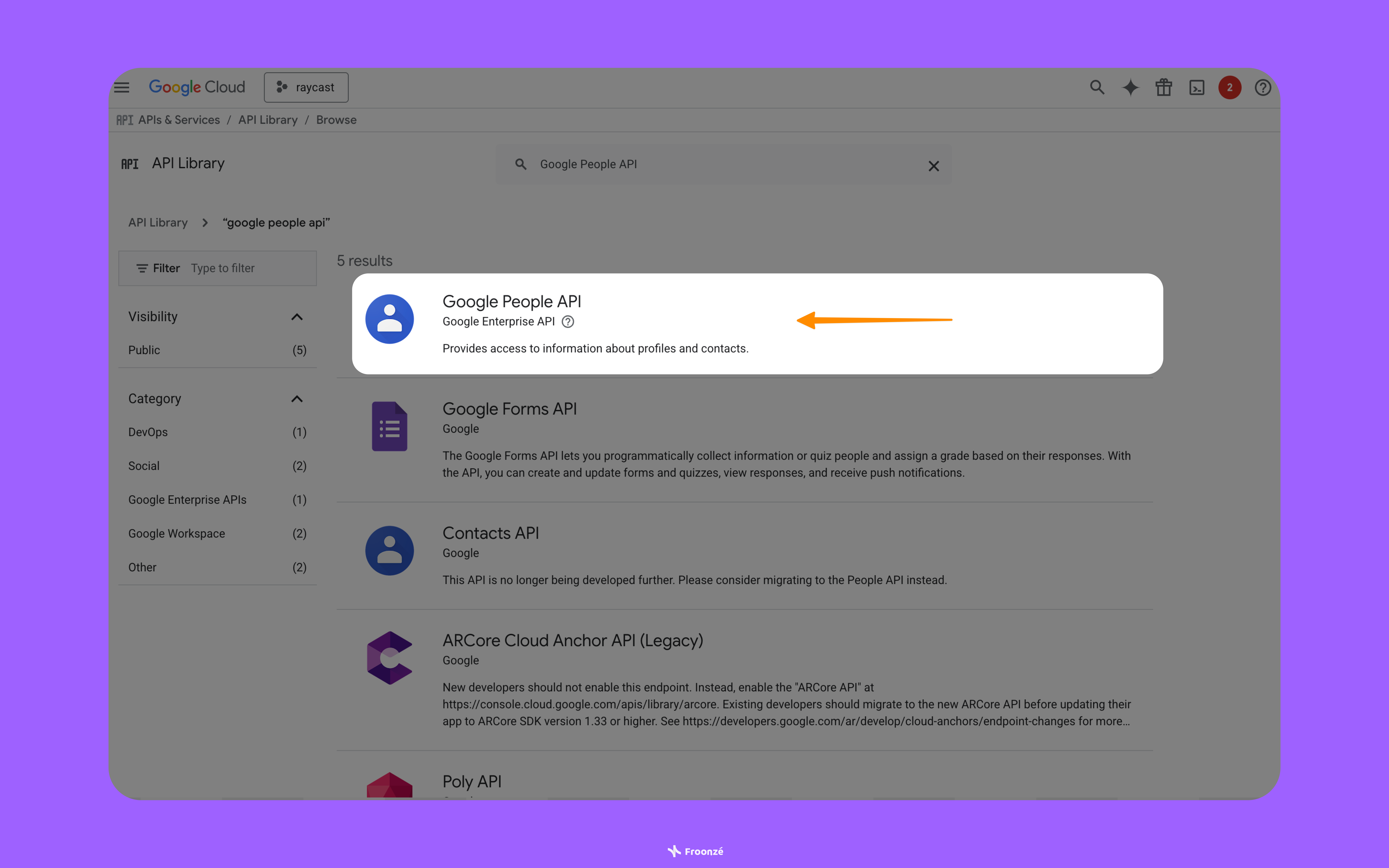 A screenshot highlighting the Google People API inside the Google Cloud Console