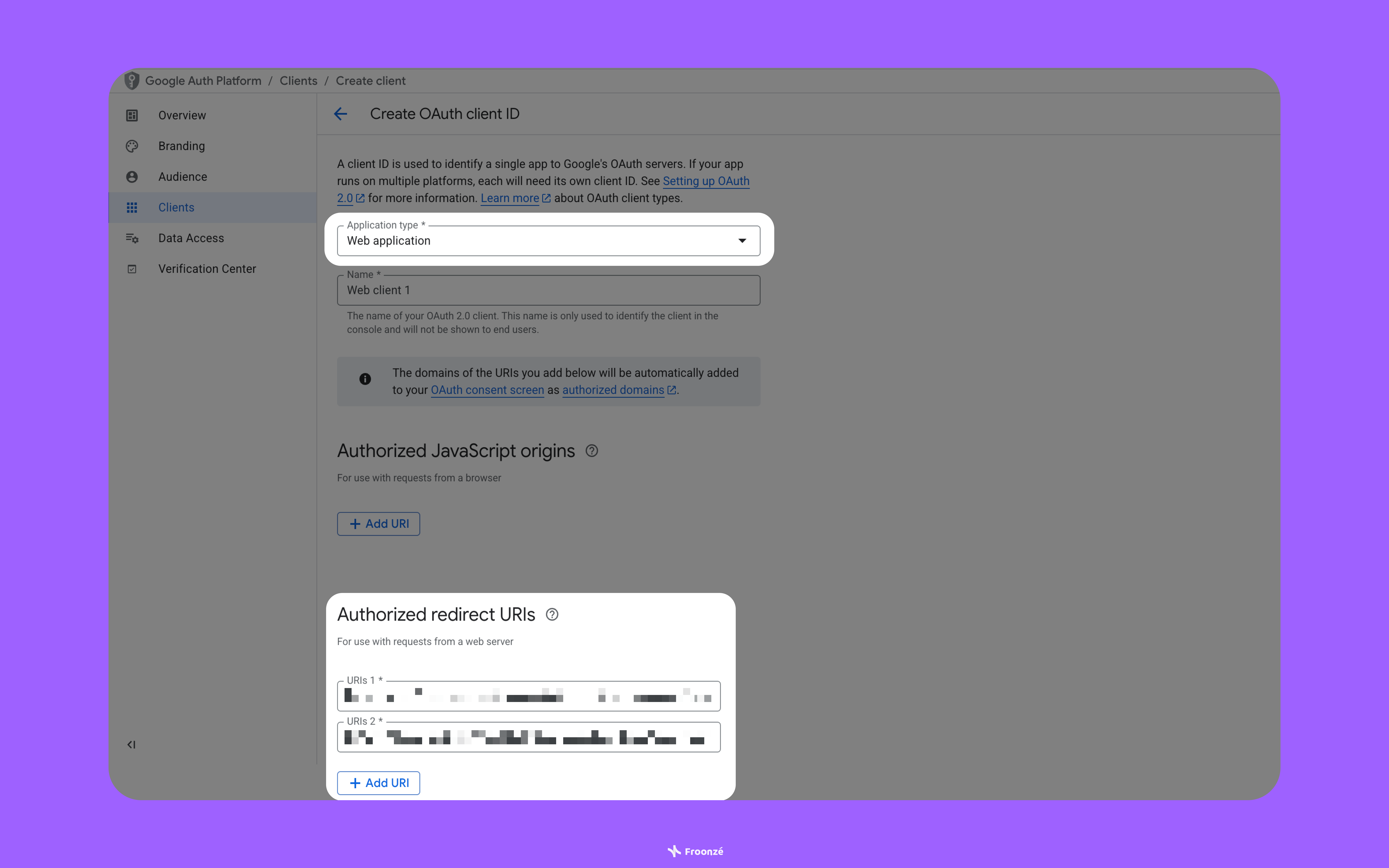 A screenshot highlighting the Web application type and 2 URIs for Authorized redirect URIs