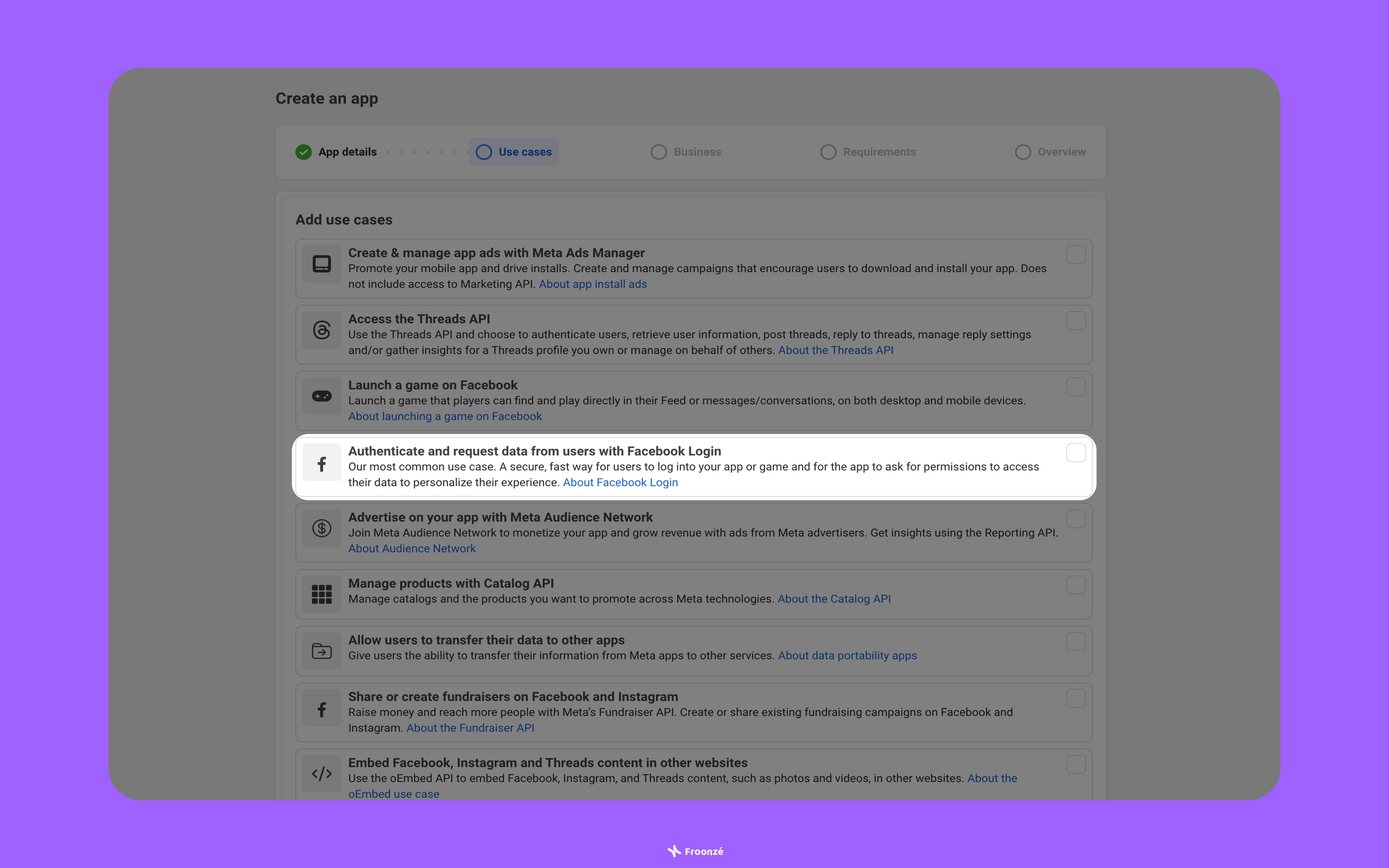 A screenshot highlighting the Authenticate and request data from users with Facebook Login use cases in Meta App Dashboard's app creation page