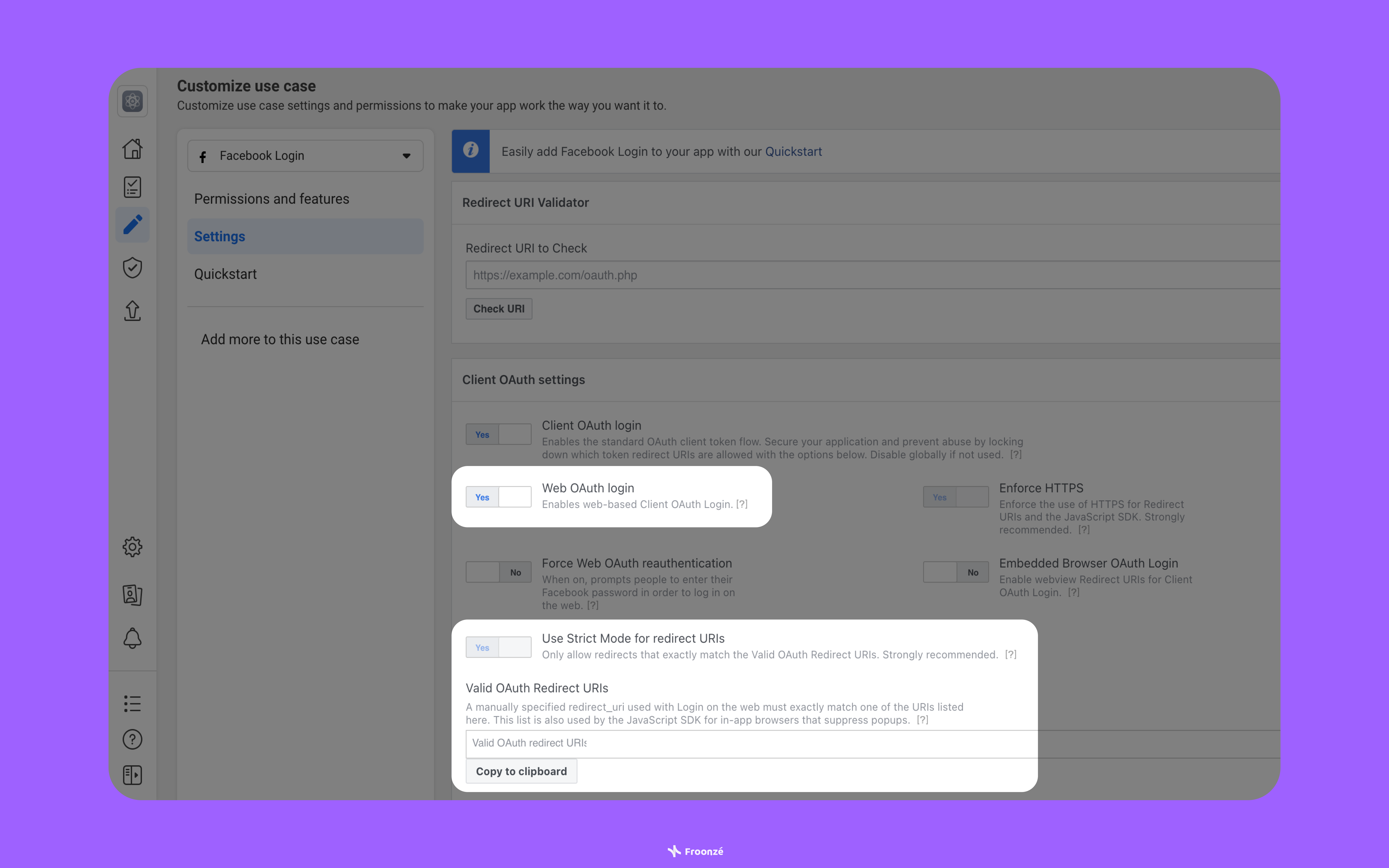 A screenshot highlighting the Meta OAuth web login and redirect URIs