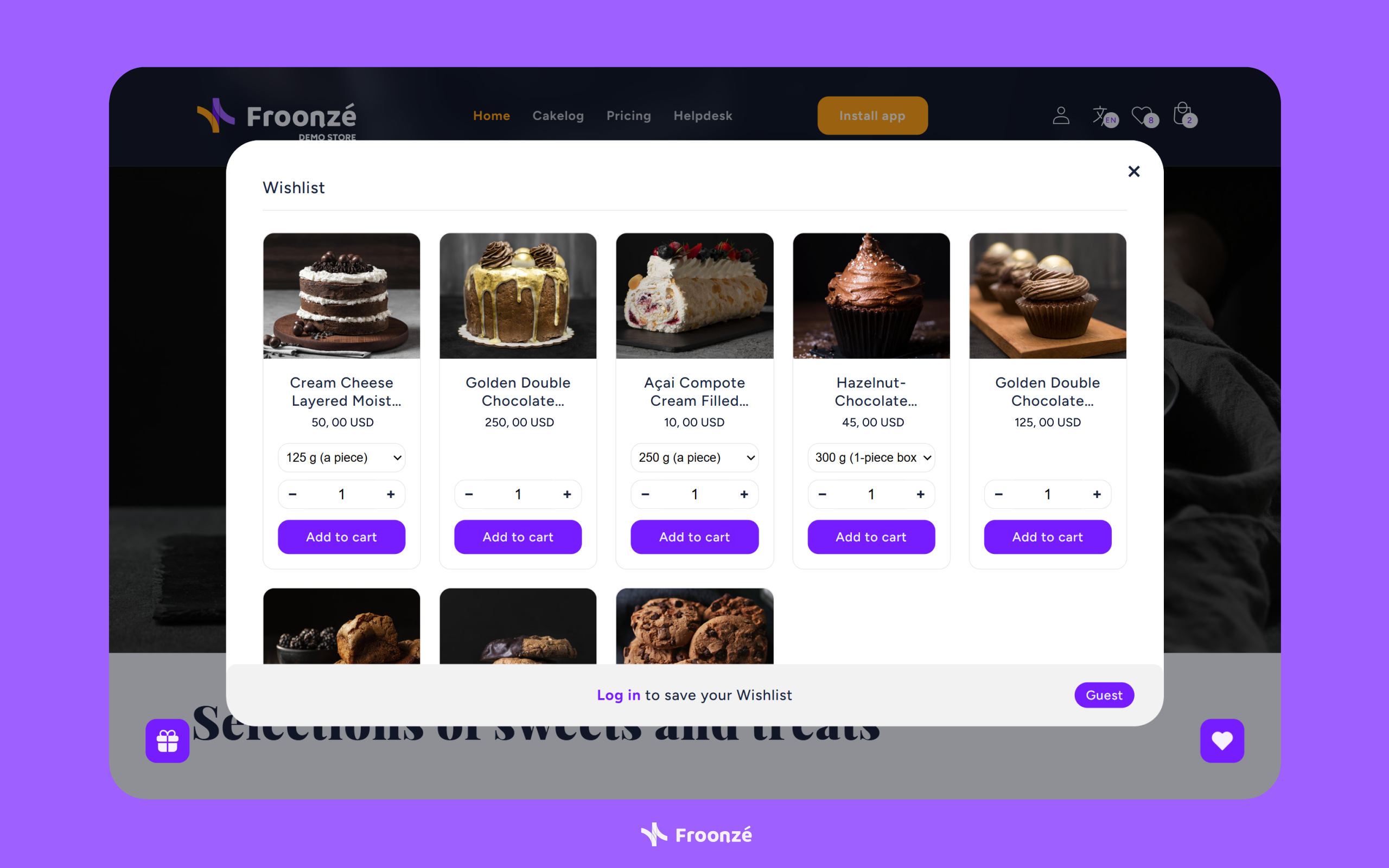 A view of the Froonze Wishlist modal