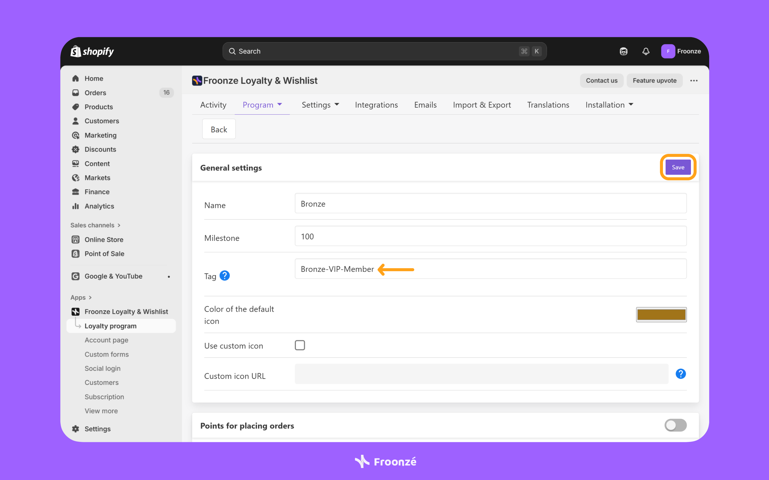 An image showing how to add a customer tag to a Froonze VIP tier