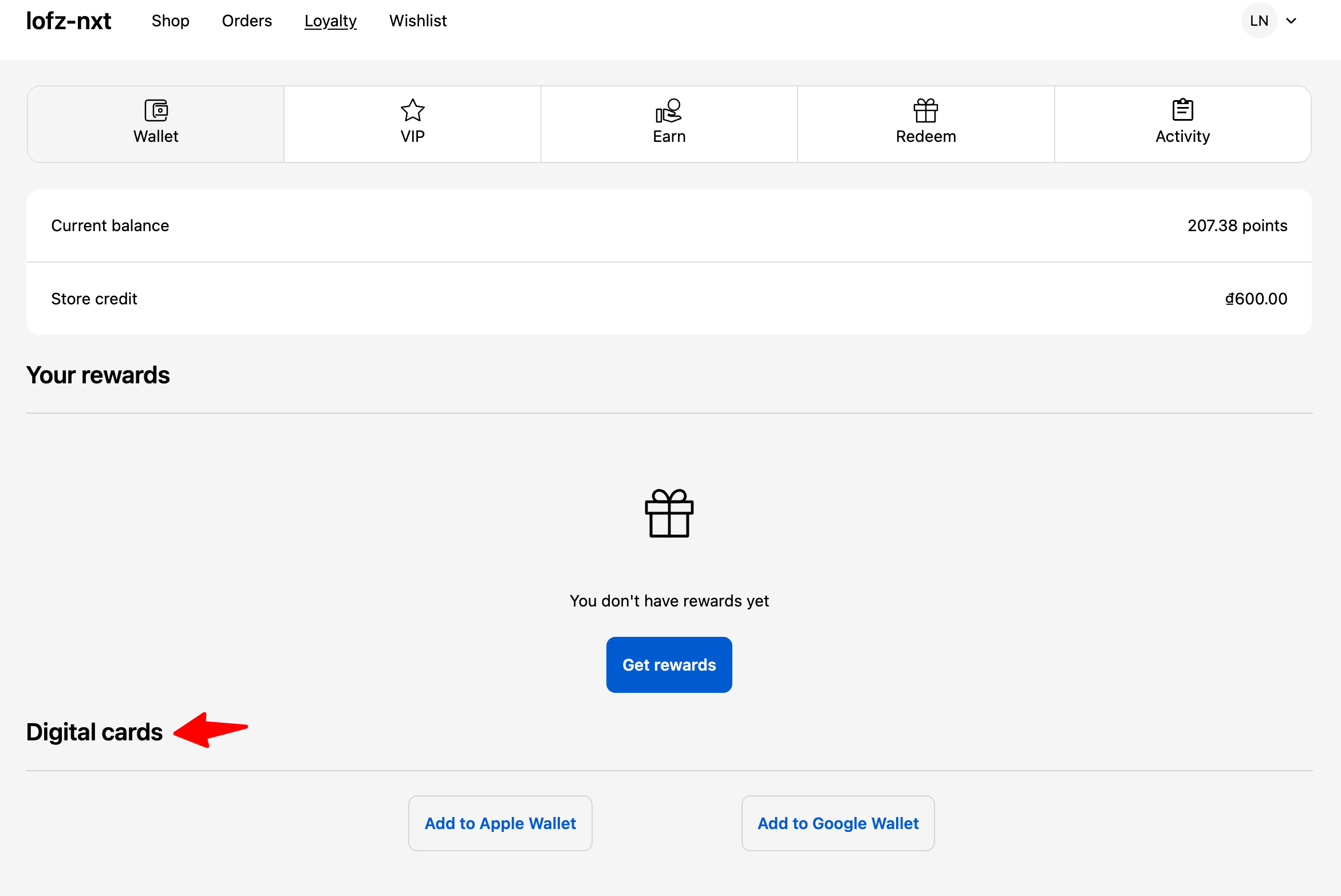 Loyalty digital cards in Froonze loyalty extension inside Shopify new customer account page