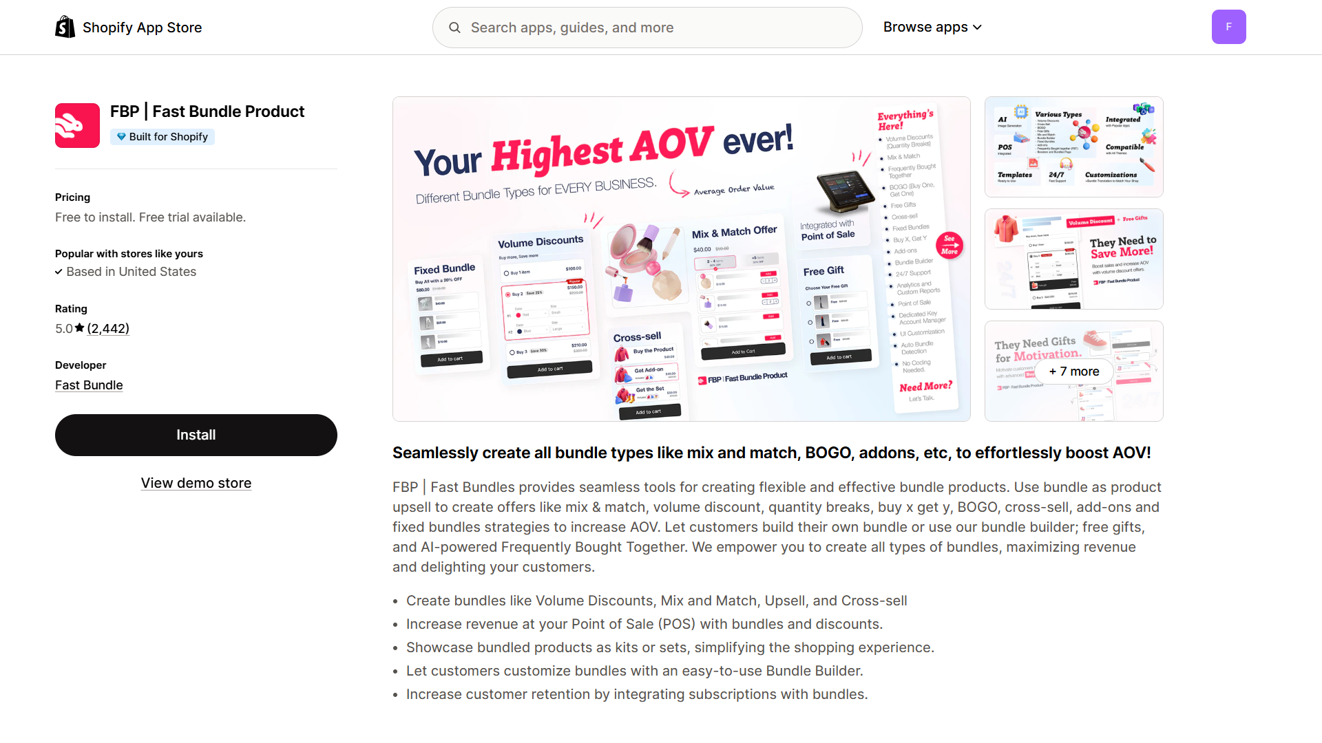 Screenshot of Fast Bundle App Listing in Shopify App Store