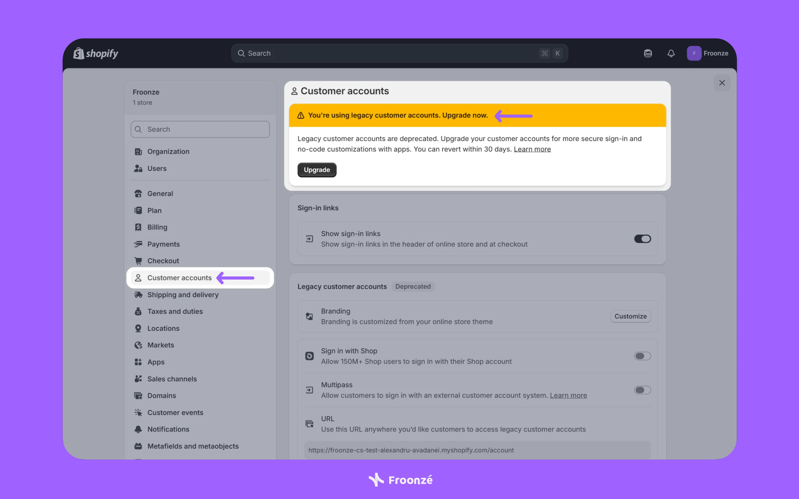 Screenshot of Shopify Admin Settings prompting Shopify Merchants to Upgrade to Shopify Customer Accounts from Legacy Accounts