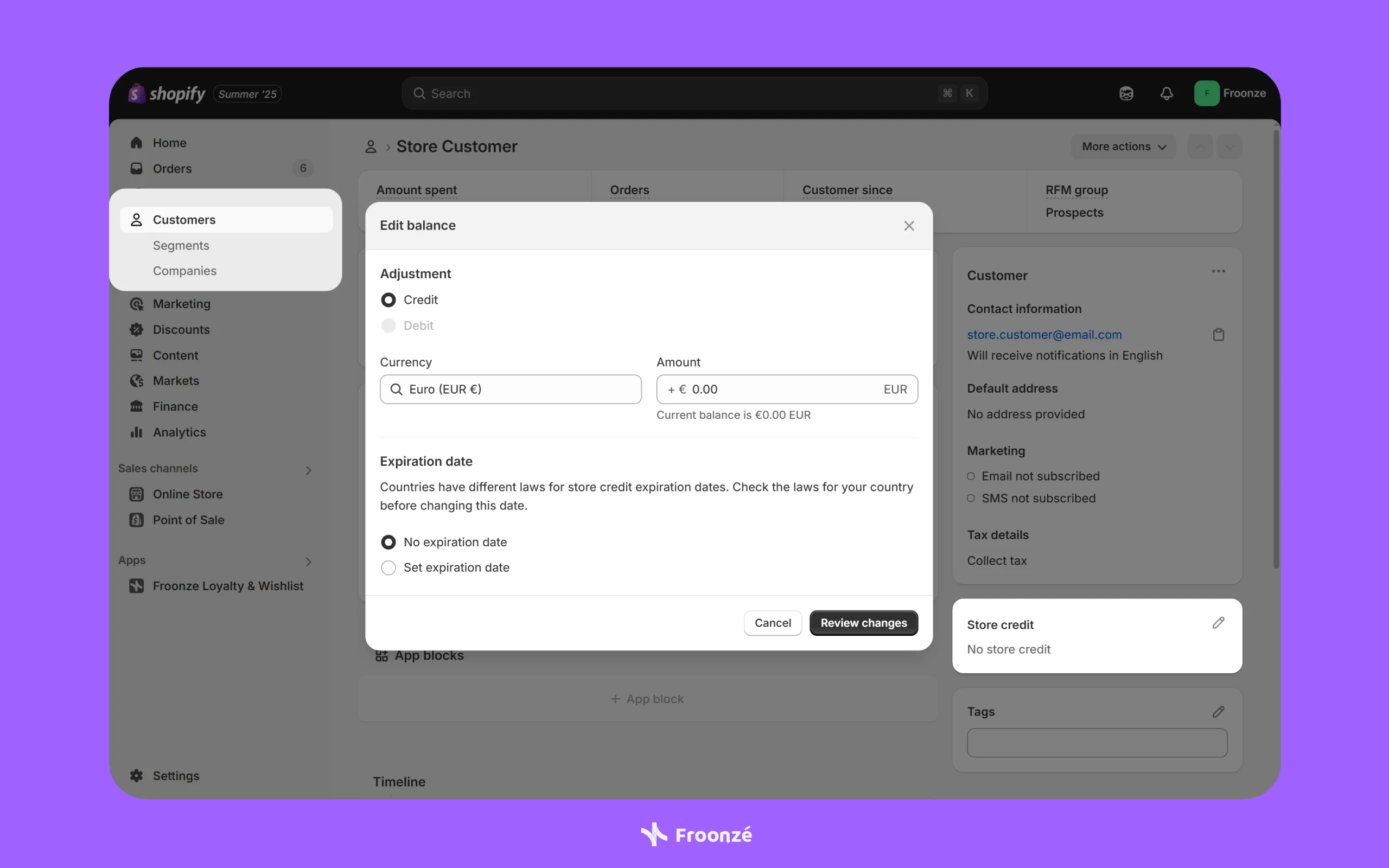 Screenshot of Shopify Admin Customer Store Credit Balance Adjustment View