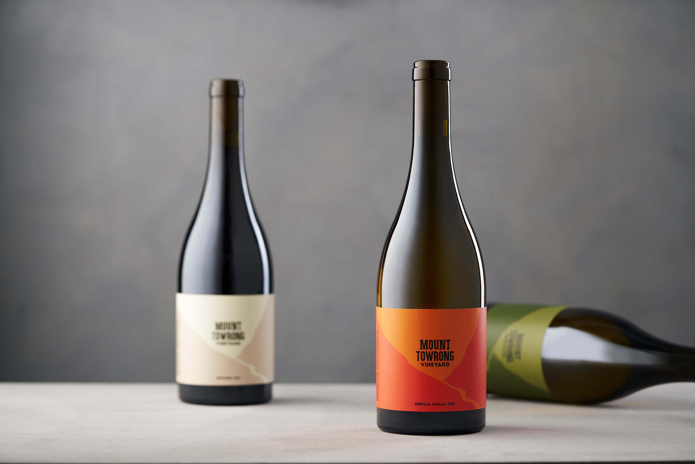 Mount Towrong Vineyard wine bottle range showing the colourful packaging system