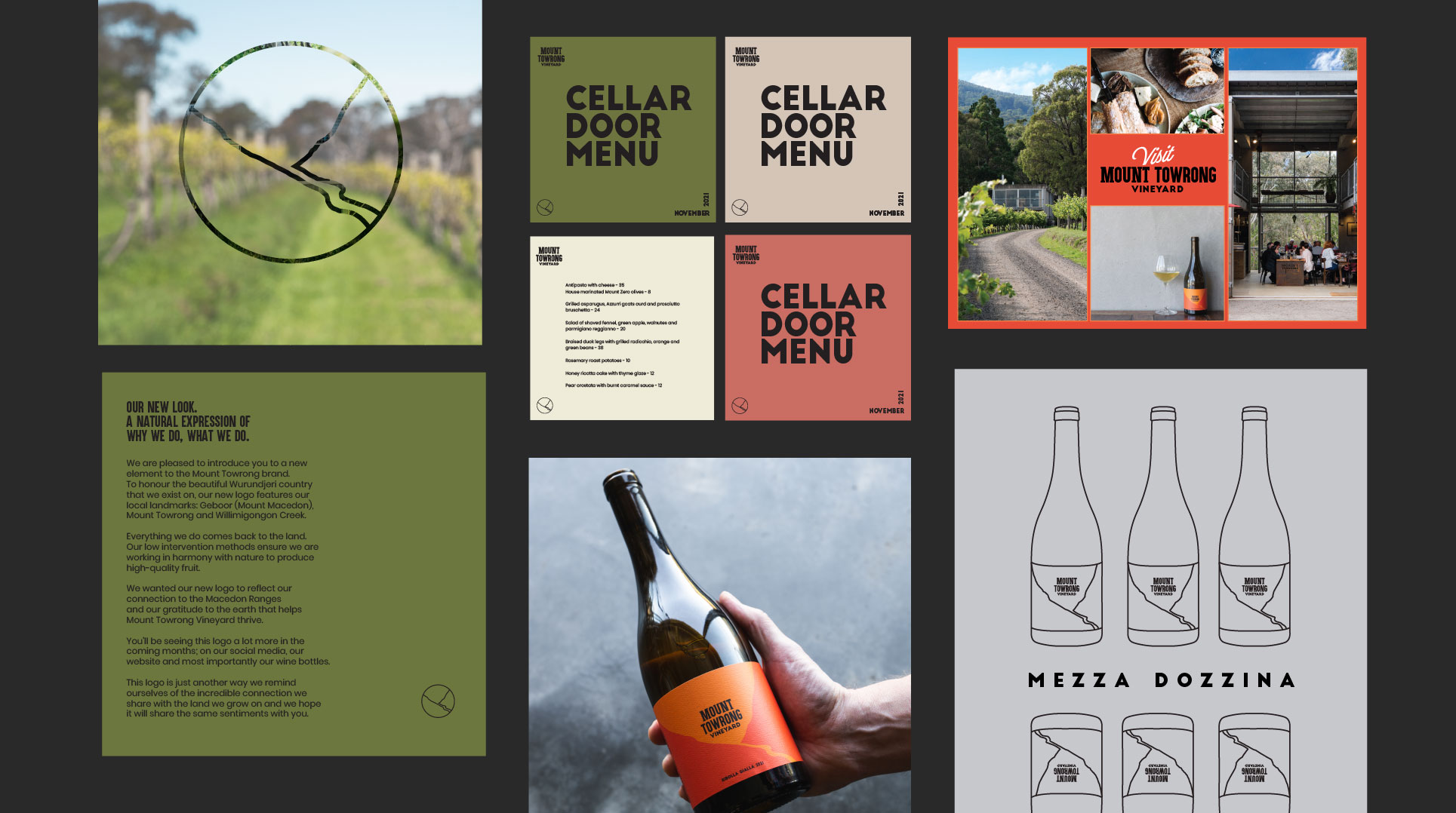 Mount Towrong Vineyard brand identity applied across winery communications