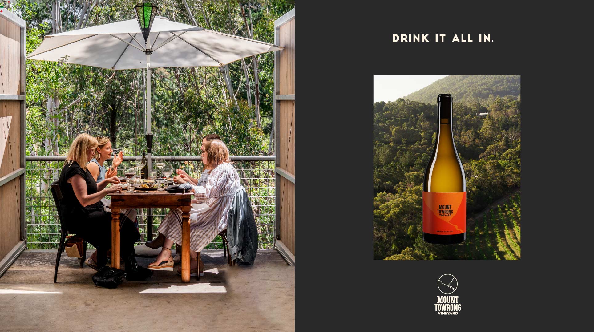 Mount Towrong Vineyard advertising campaign showing people eating and drinking in the Macedon Ranges, Victoria
