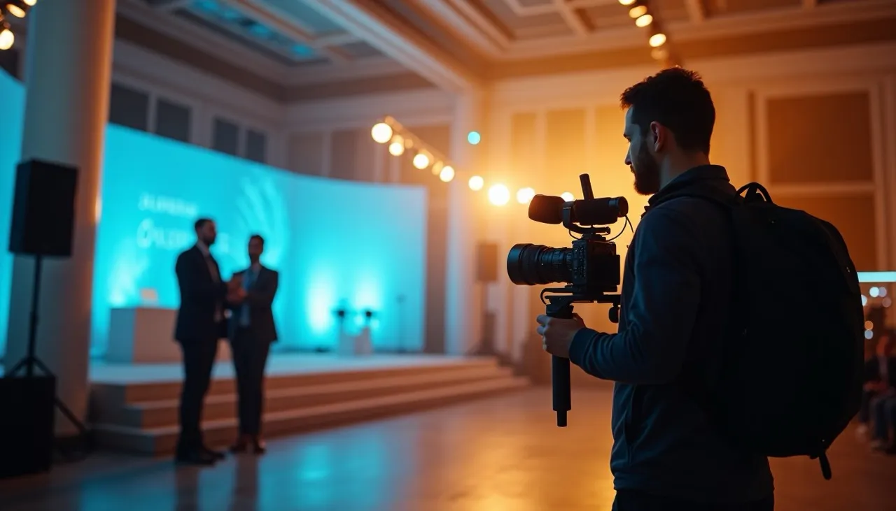 Eventvideograf auf Business-Konferenz – professionelle Aufnahme bei stimmungsvoller Beleuchtung.