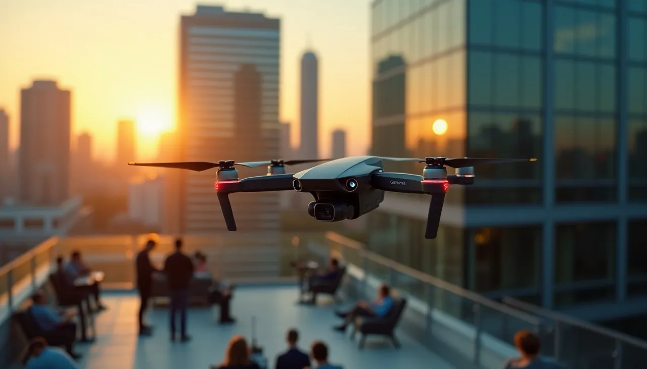 Moderne Drohne bei Sonnenuntergang über einem Rooftop-Event in der Stadt – Symbolbild für professionelle Luftaufnahmen im Marketing.
