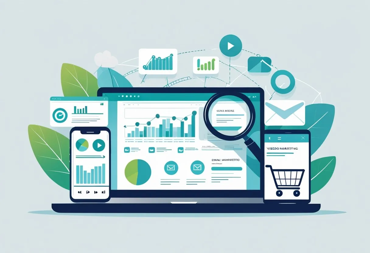 Illustration mit verschiedenen Symbolen für Online-Marketing, darunter Laptop mit Diagrammen, Smartphone mit sozialen Medien, E-Mail-Symbol, Lupe über Suchergebnissen, Einkaufskorb und Videowiedergabe-Button.