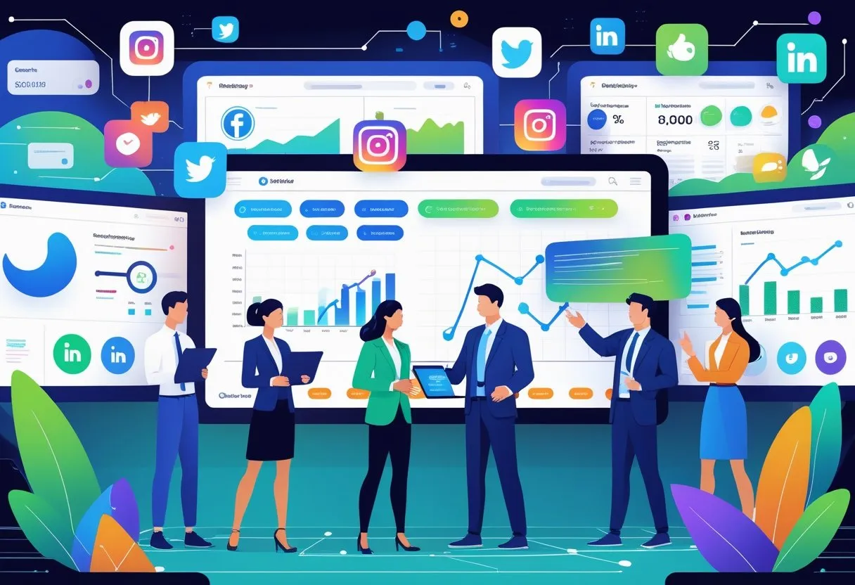 Geschäftsleute in einem Büro mit digitalen Bildschirmen, die soziale Medien und Marketingdaten zeigen.