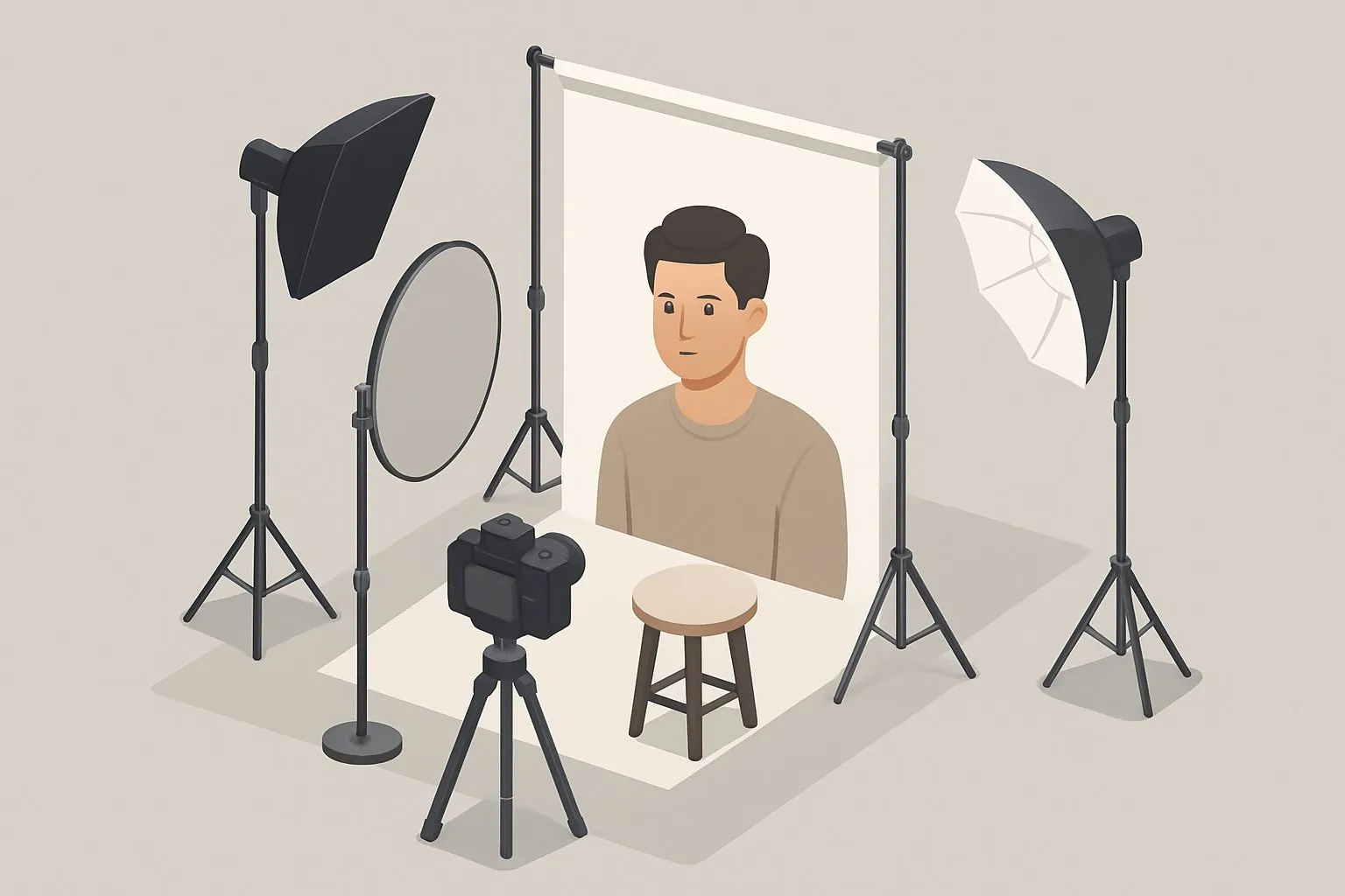 Ein Fotostudio mit einer Person auf einem Hocker, die für ein Porträtfoto fotografiert wird, umgeben von Kameraausrüstung.