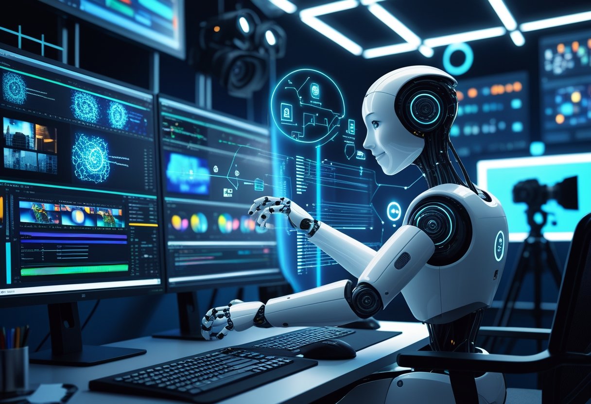 Eine Szene in einem Video-Produktionsstudio mit einem humanoiden Roboter, der Videobearbeitungssoftware auf mehreren Bildschirmen bedient, umgeben von Symbolen für künstliche Intelligenz und Videoausrüstung.