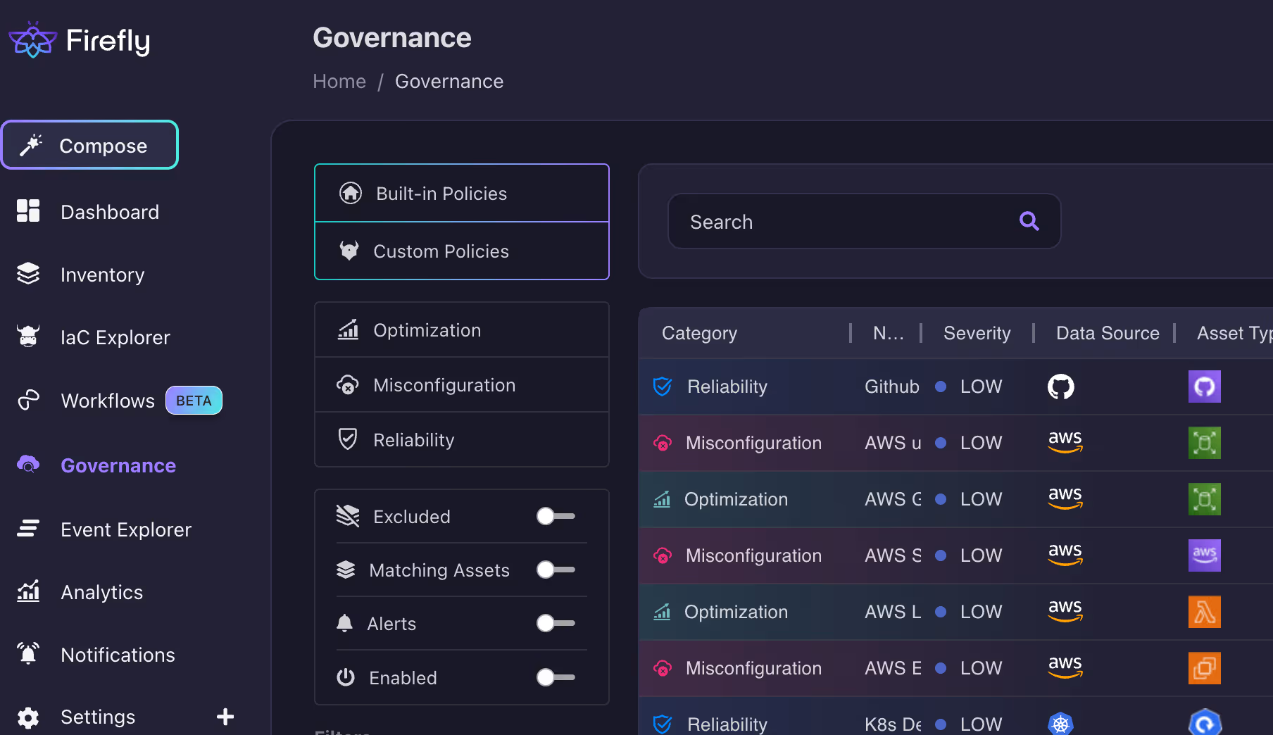 A variety of cloud providers and SaaS products feed into Firefly