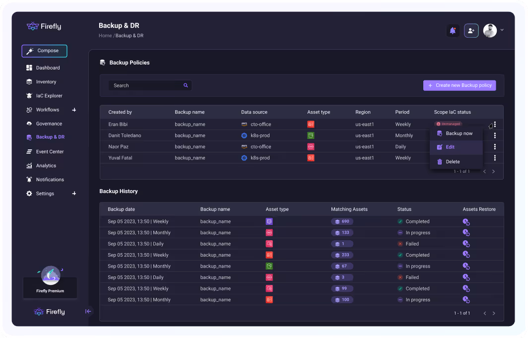 A list of cloud assets, their statuses, and their owners