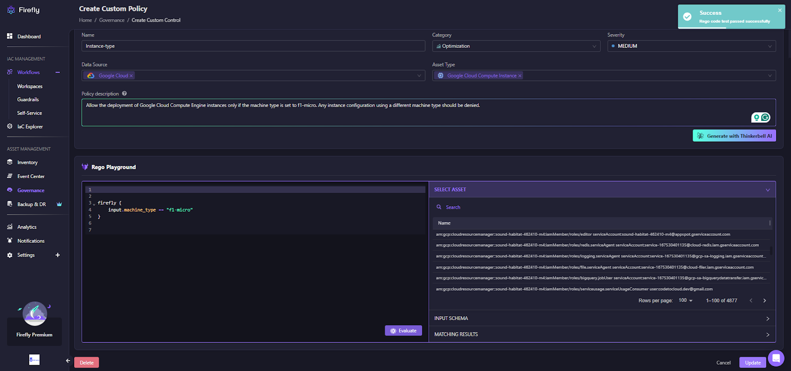You define the policy name, description, severity (TRACE to CRITICAL), and scope. Once validated, Firefly automatically applies it to all selected resources, so you do not need to write pipeline steps or conditionals manually.