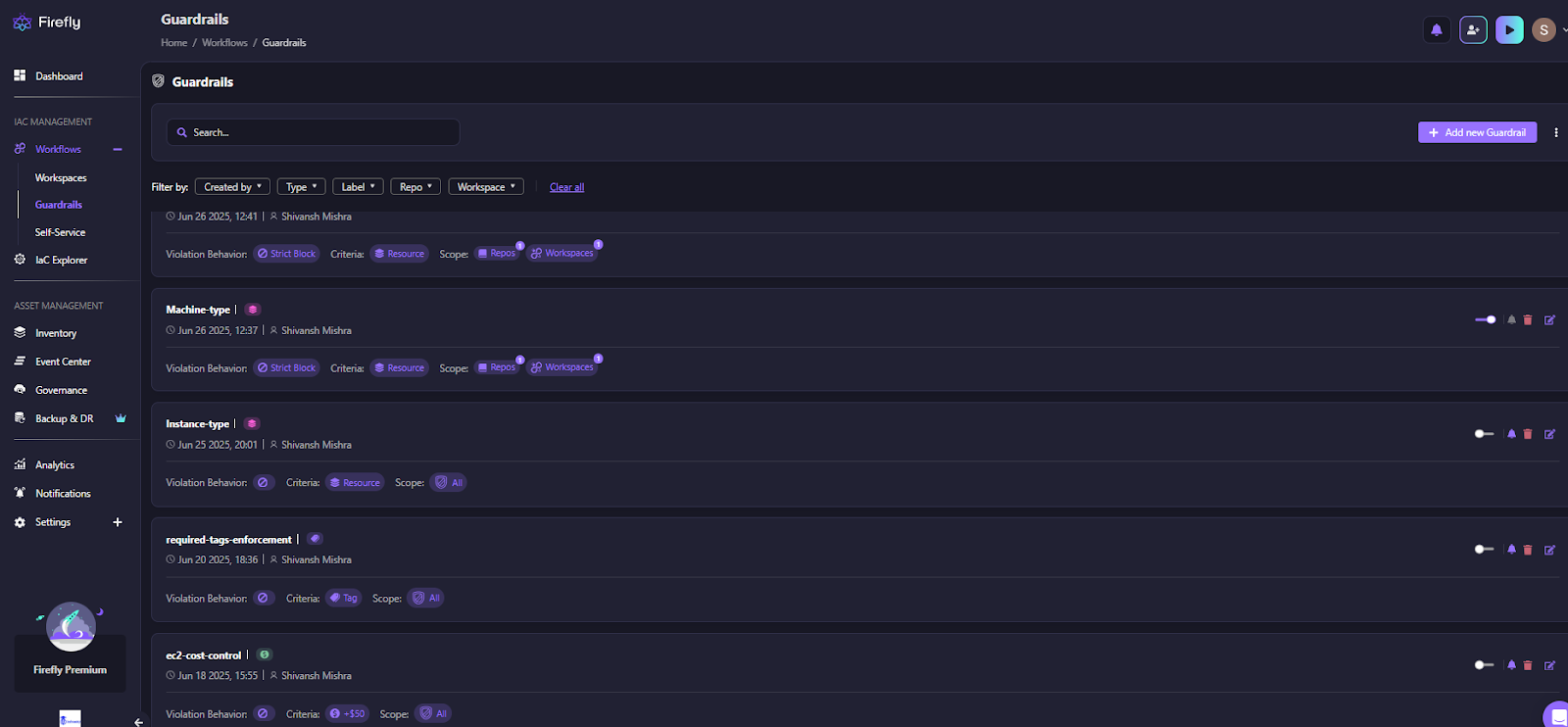 Guardrails tab with their metadata