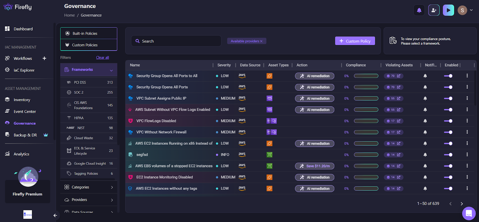 Firefly enforces governance across all resources, including those outside code, by layering KICS (OPA Rego-based) policy evaluation over your entire inventory as shown in the governance dashboard