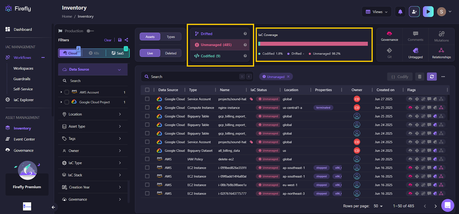 These are clearly marked in the Inventory table under “IaC Status”. You can filter based on these flags, along with tags, cloud region, and IaC type (e.g., Terraform)