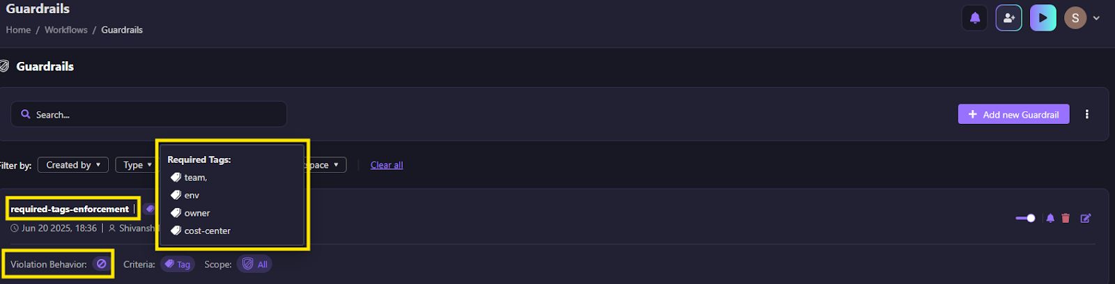 live Firefly Guardrail named required-tags-enforcement, configured to block any deployment that misses one or more required tags