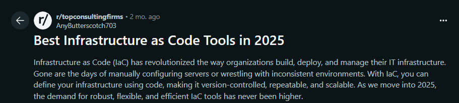 reddit post on best IAC tools in 2025