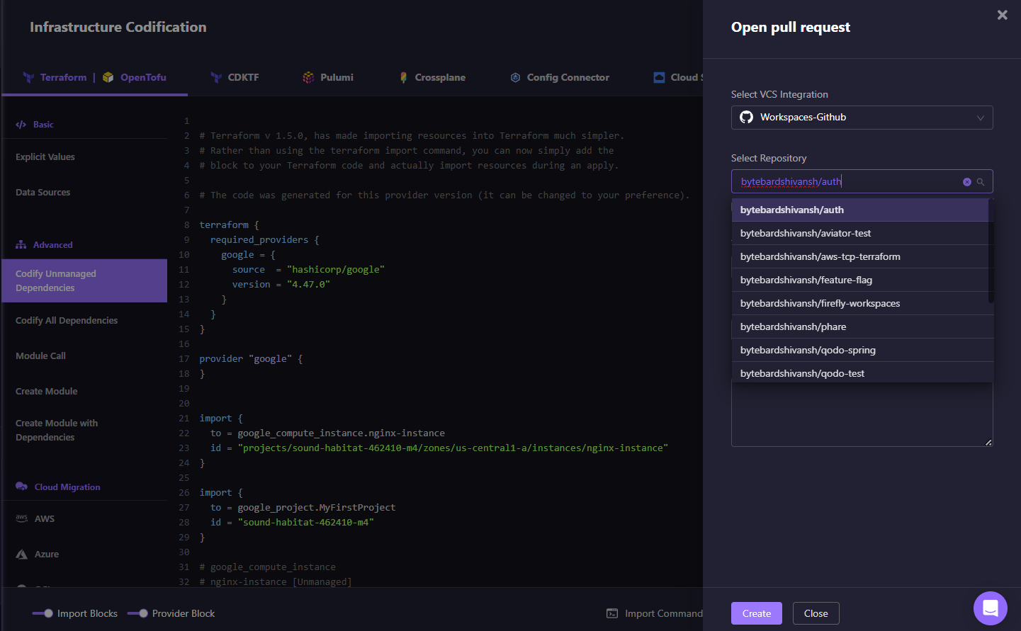 Just select the repo, click “Create,” and the unmanaged resource is now tracked in version control.