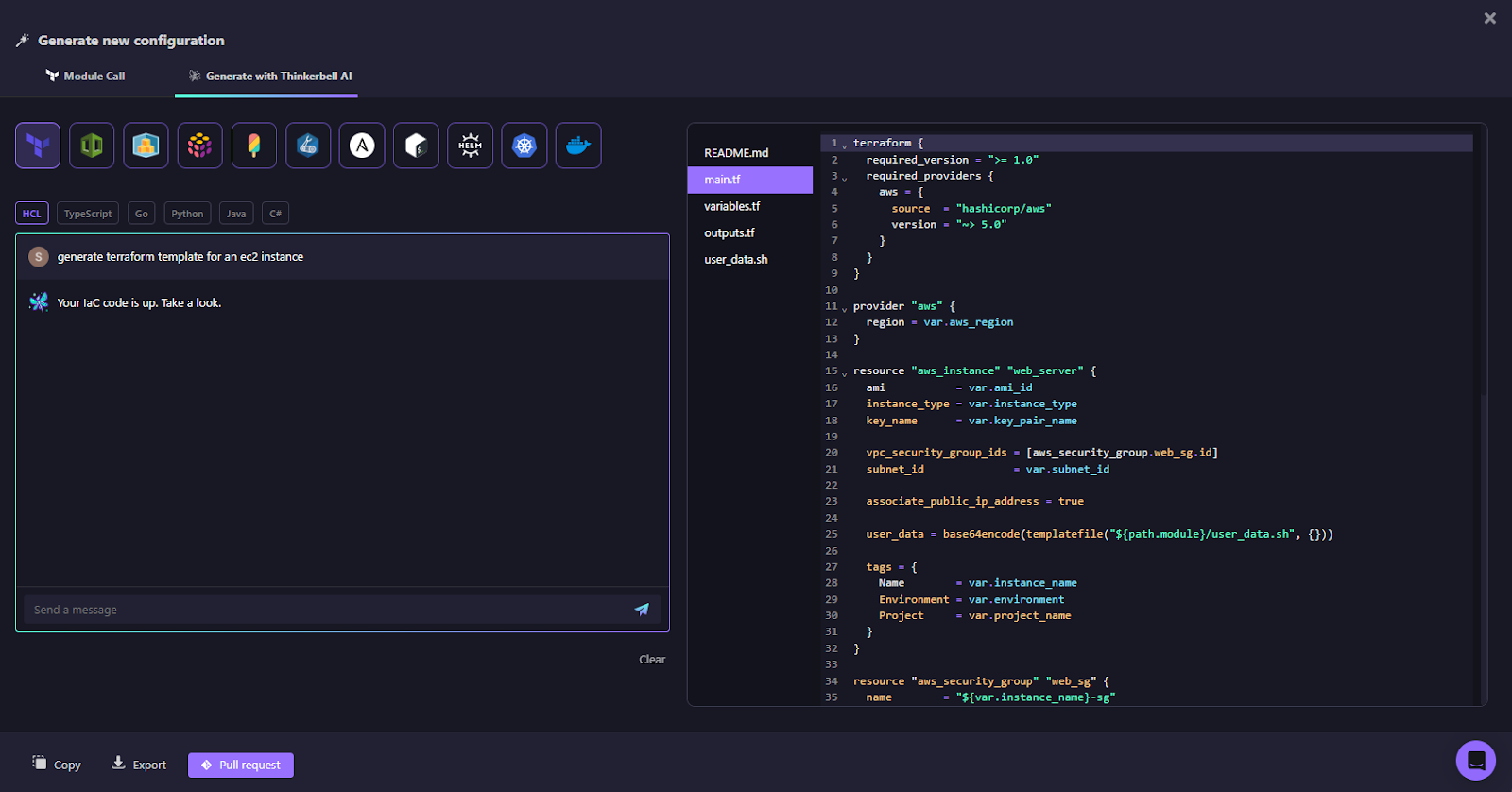The snapshot below shows exactly what Firefly returns, not just a basic script, but a clean, modular Terraform configuration you can push straight to production.