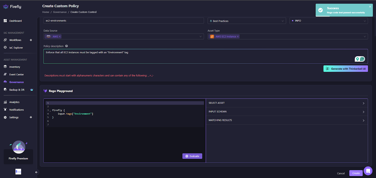 Rego code editor in Firefly, where custom policies are created, such as the “Environment” tag rule for EC2 instances
