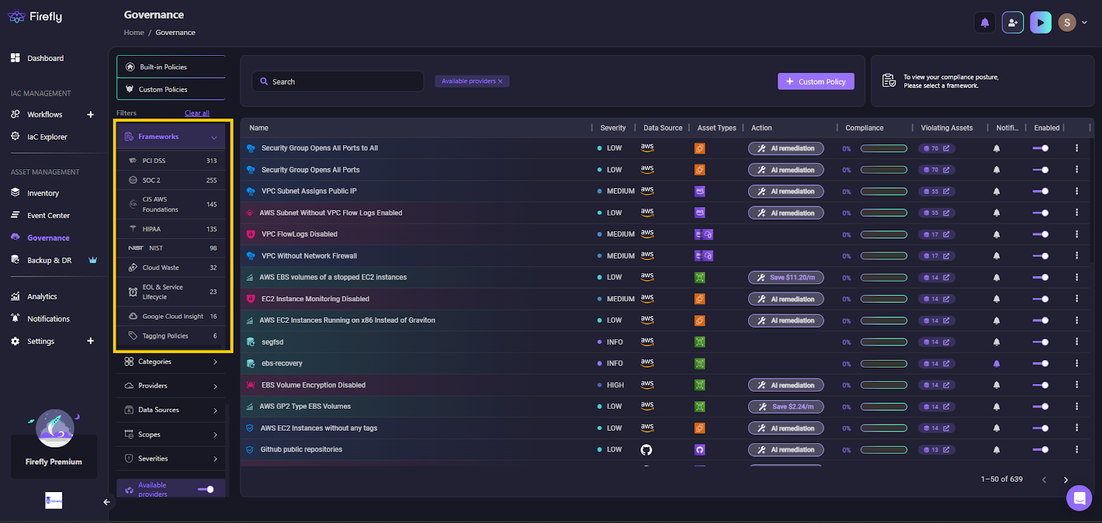 Firefly provides a unified policy dashboard shown in the snapshot below that shows policy coverage across different cloud providers and IaC tools