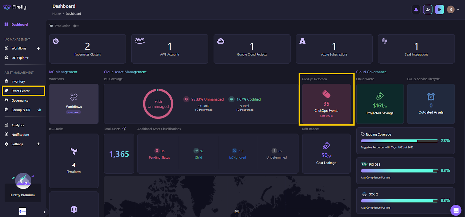Firefly’s Dashboard highlighting “ClickOps Events (last week)”, giving you instant visibility into unmanaged console changes across your multi-cloud environment