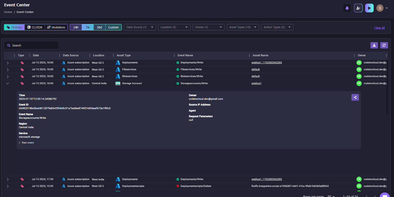 Firefly’s Event Center displays a series of ClickOps events, manual changes made via the Azure Portal UI