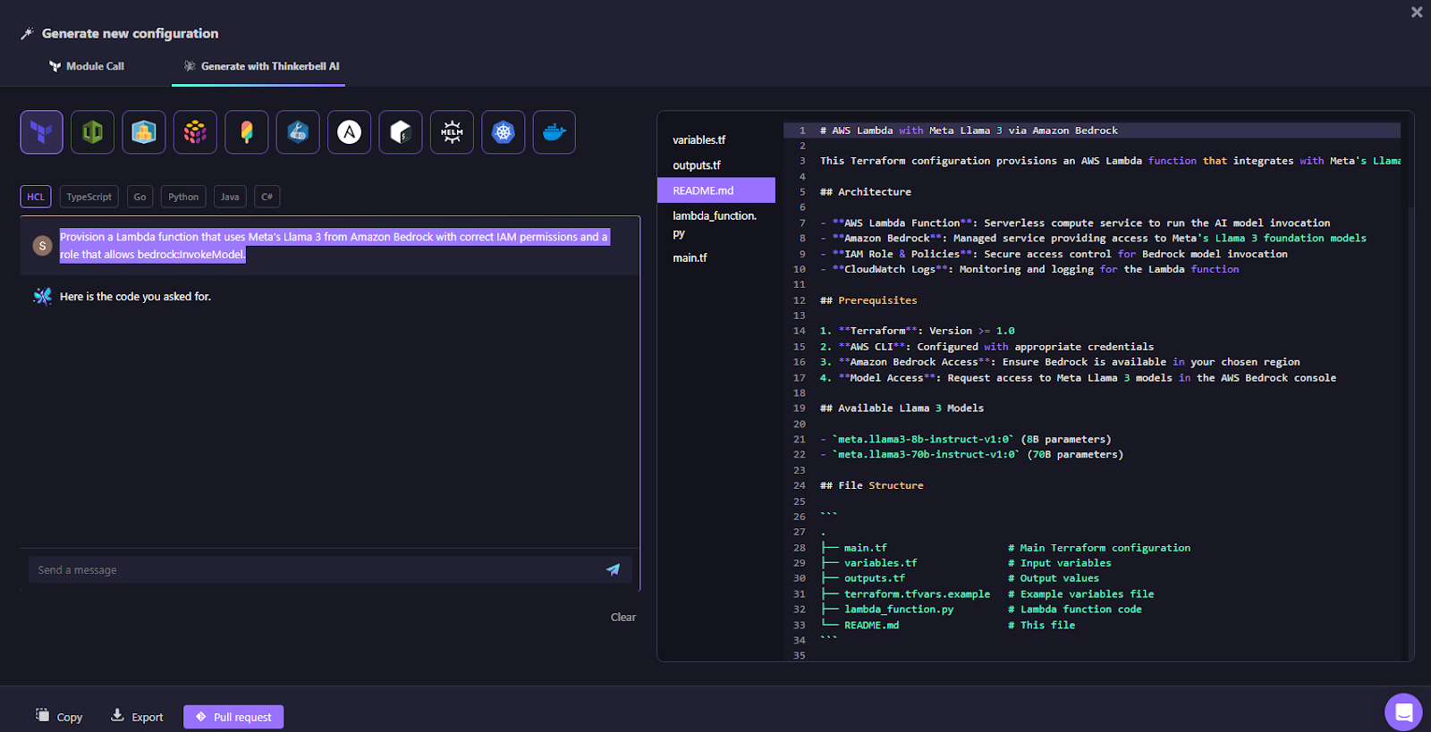 Thinkerbell AI will then generate the necessary Terraform configuration. Below is the output it produces:
