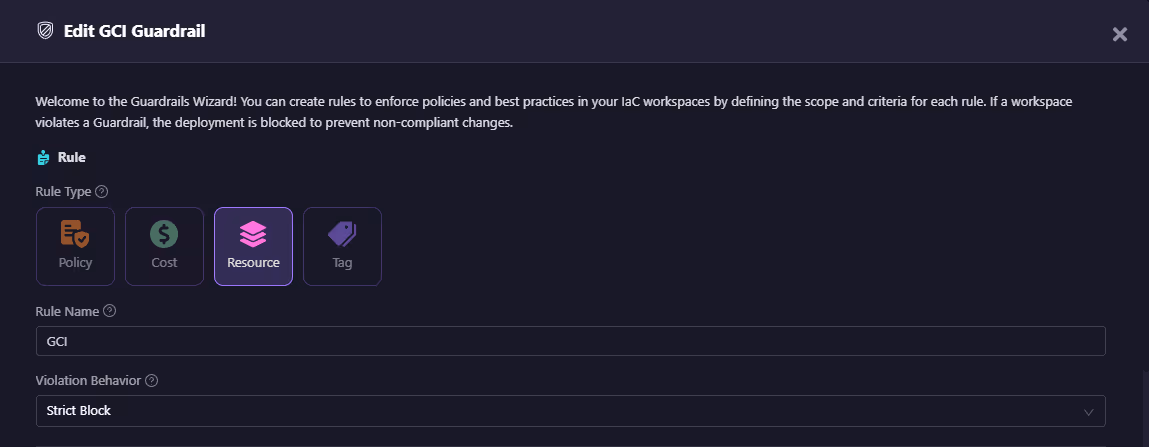 Resource rules control create/update/delete actions for specific resources (e.g., block deleting RDS in prod). Here’s a custom guardrail to block creation of storage buckets: