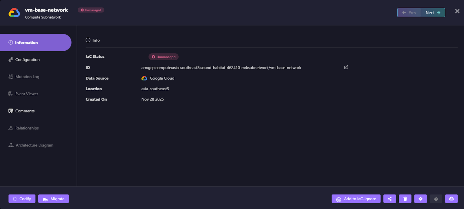 Firefly asset detail page for an unmanaged vm-base-network subnetwork with Codify and Migrate options