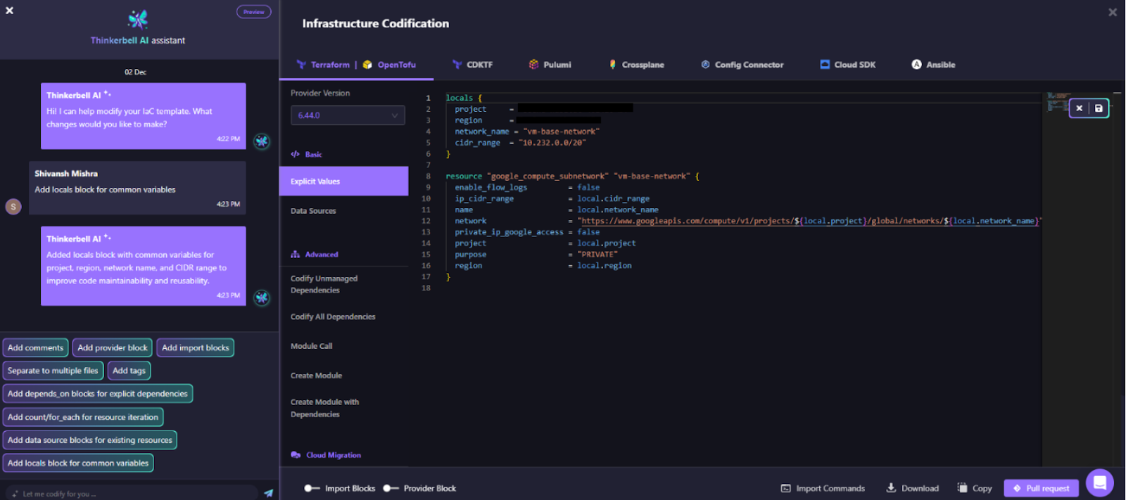 Firefly Codify editor with Thinkerbell AI refactoring a google_compute_subnetwork into locals