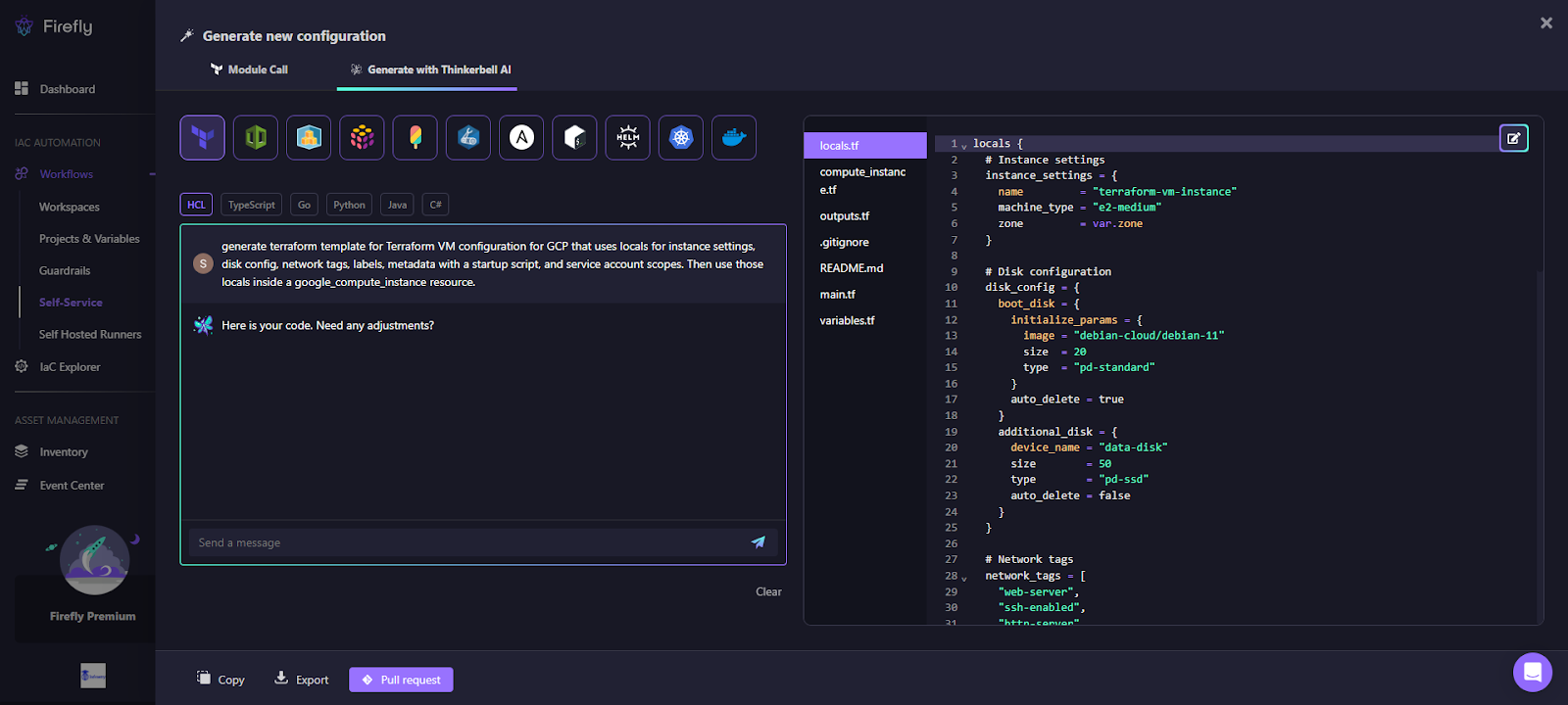 Firefly Thinkerbell AI generating a locals-driven Terraform VM configuration for GCP