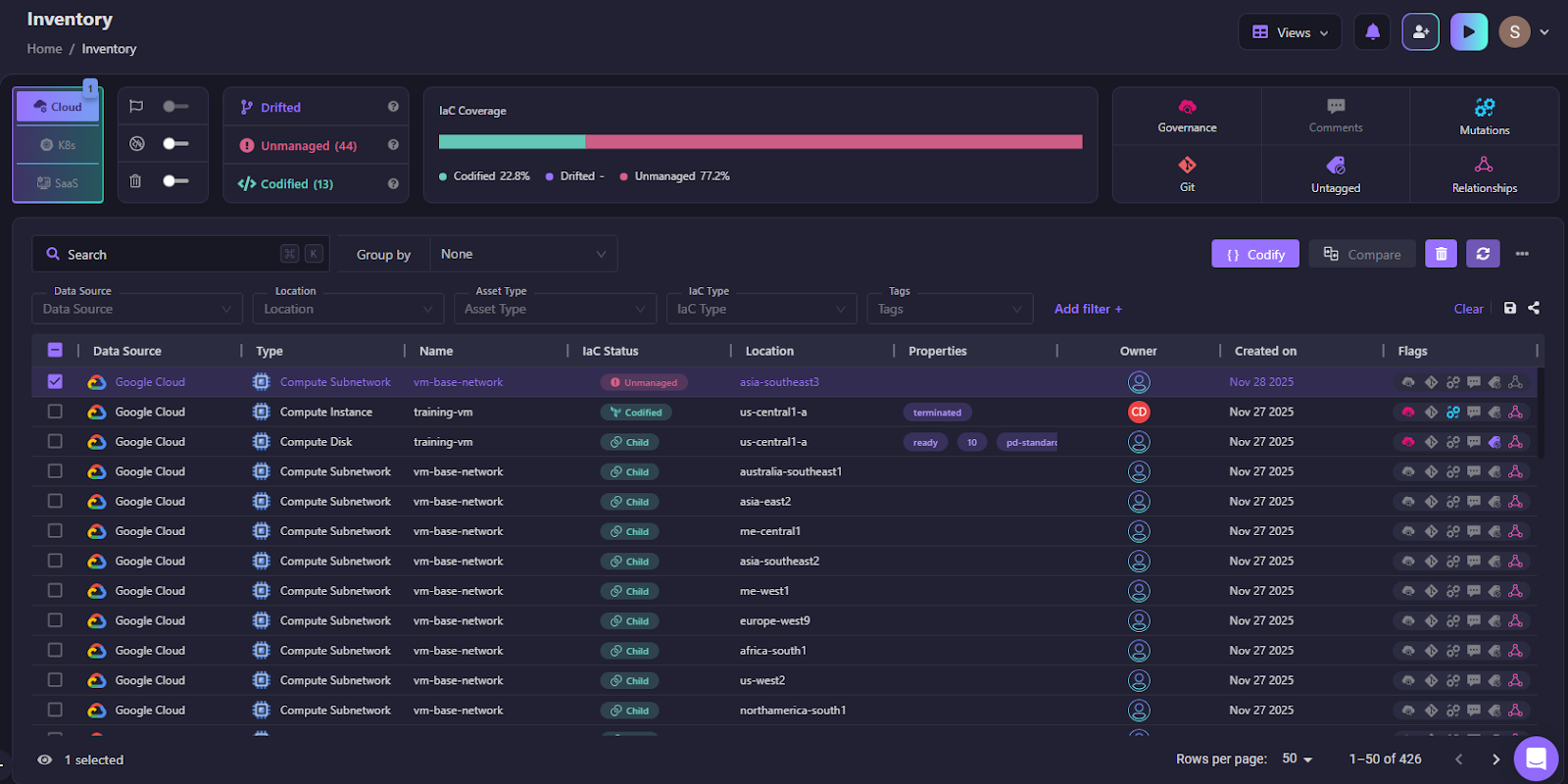 Firefly Inventory listing Google Cloud Compute Subnetwork resources with drift status