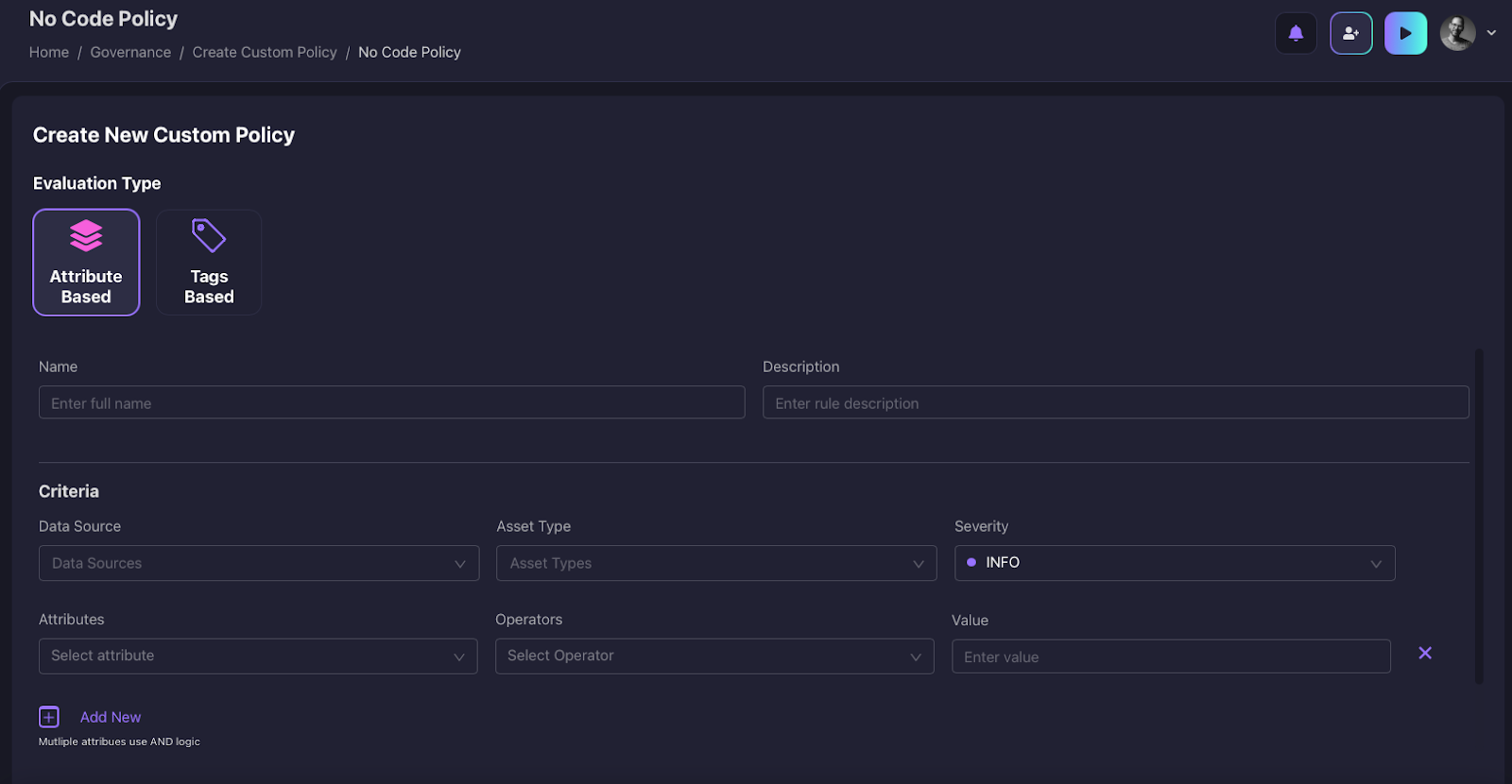 Firefly Create New Custom Policy screen (No-Code) with attribute- or tag-based evaluation and criteria fields