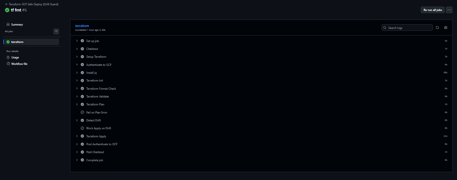 GitHub Actions CI run for a Terraform GCP safe deploy showing steps for plan, drift detection, block-apply-on-drift and apply