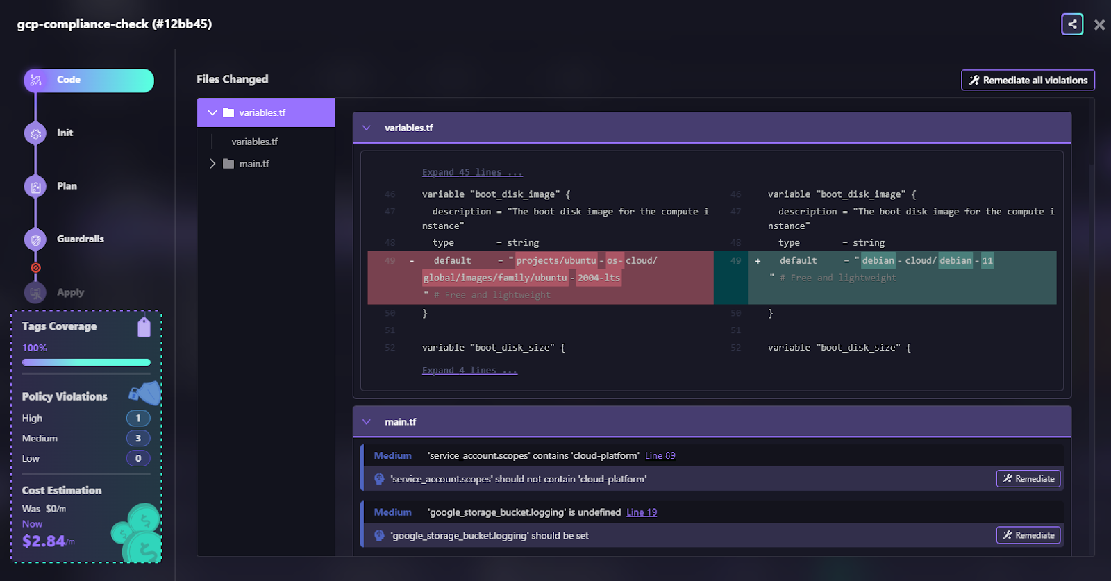 Firefly guardrails view of a Terraform plan diff changing a boot disk image with policy violations and cost estimation