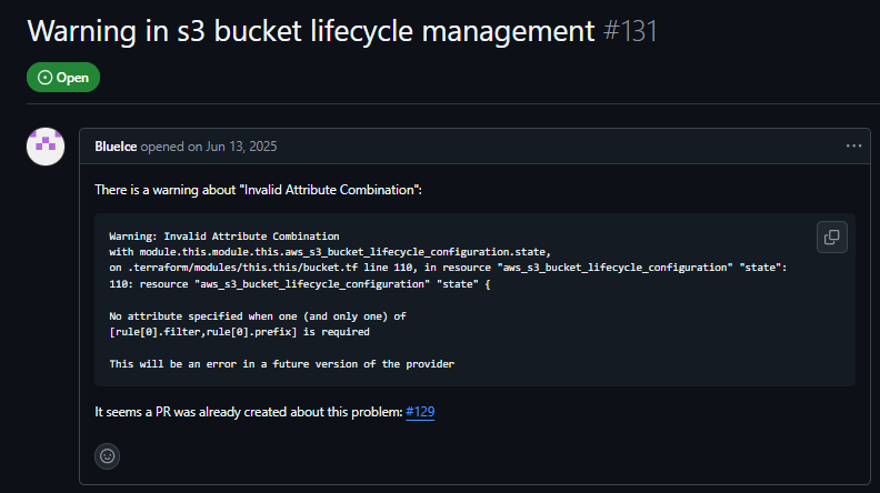 Terraform S3 bucket lifecycle configuration warning GitHub issue
