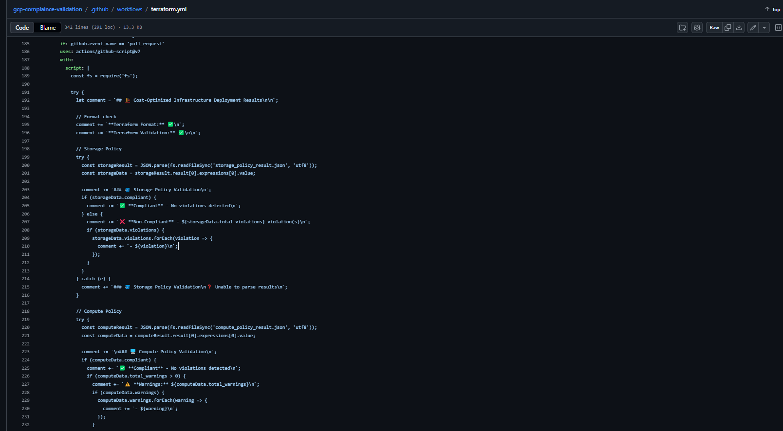 Terraform pull request compliance check policy validation results
