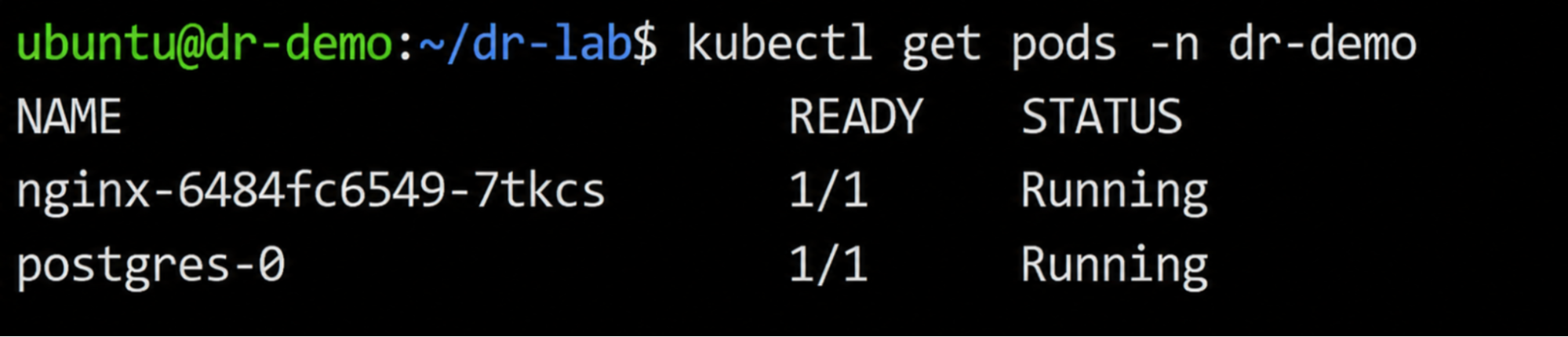 Terminal output of kubectl get pods -n dr-demo showing nginx and postgres-0 pods in Running status after successful restore