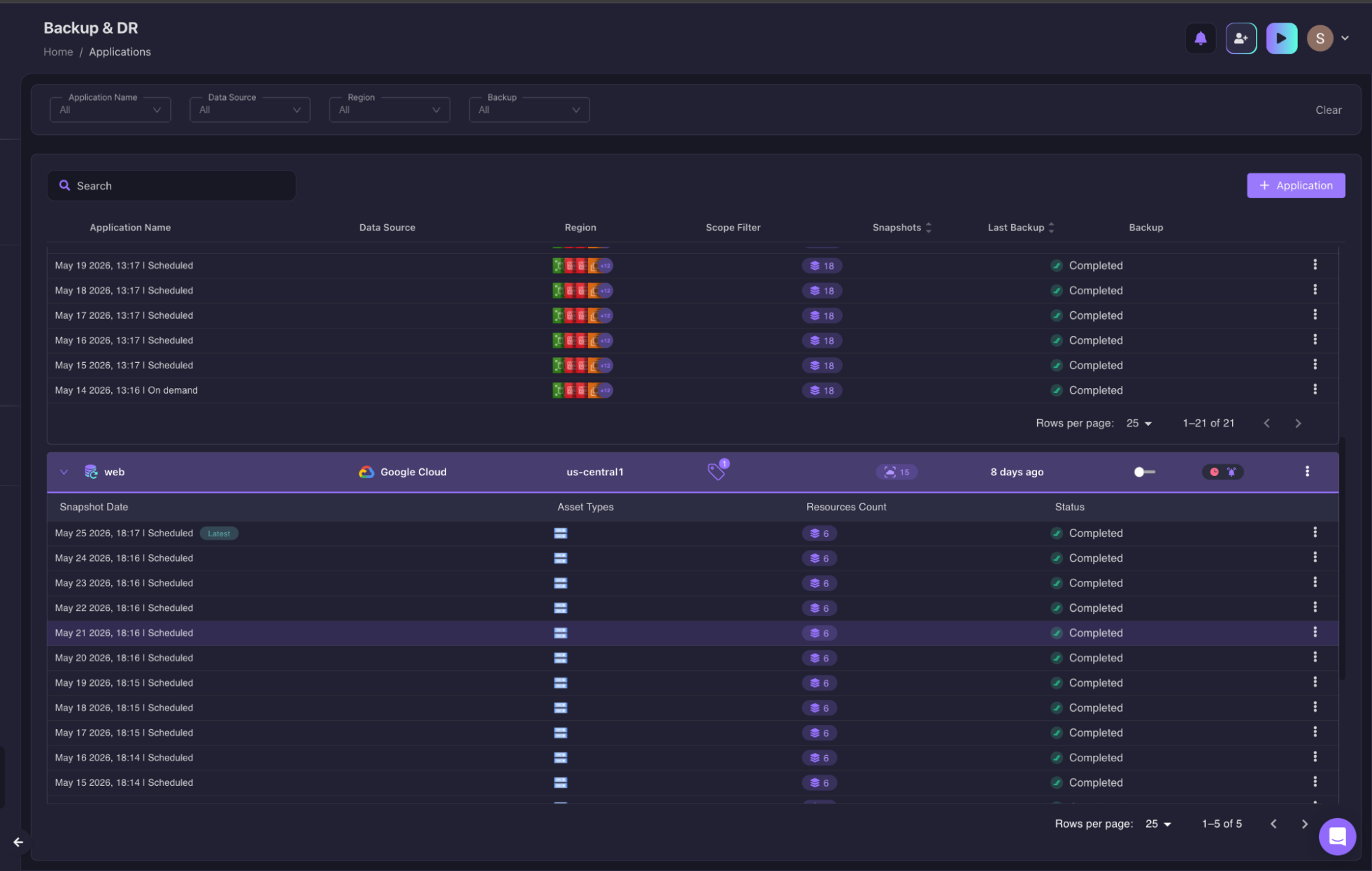 Firefly Backup and DR snapshot inventory showing multiple scheduled daily backups for an application from May 13 to May 25, 2026, all with Completed status