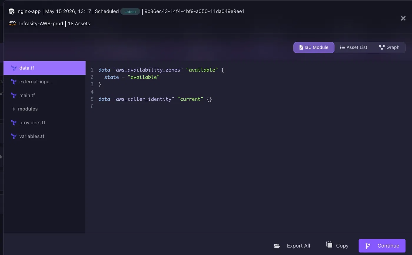 Firefly nginx-app snapshot viewer displaying the IaC Module tab with Terraform configuration files including data.tf, main.tf, providers.tf, and variables.tf alongside an Asset List and Graph view