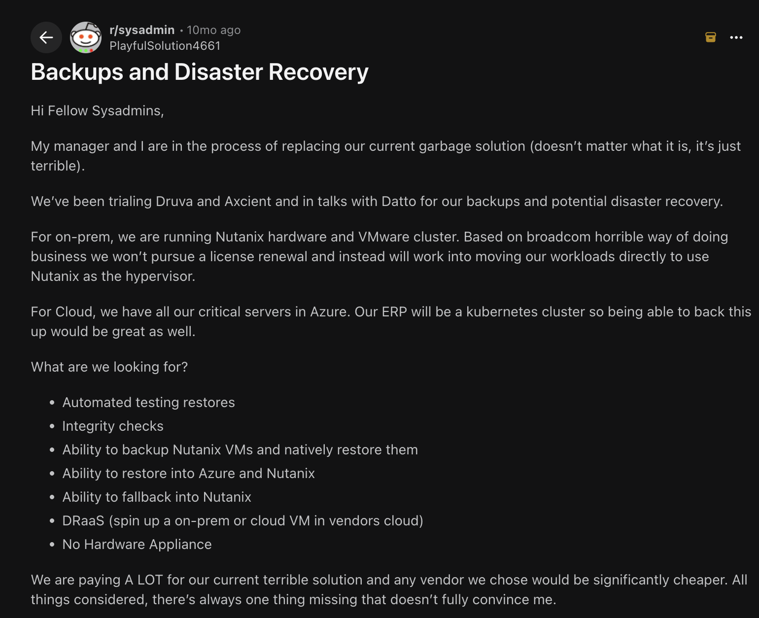 Screenshot of a Reddit post in r/sysadmin titled "Backups and Disaster Recovery," where a sysadmin seeks recommendations to replace their DR stack for a hybrid environment running Nutanix on-premises and critical Azure workloads including a Kubernetes ERP cluster.