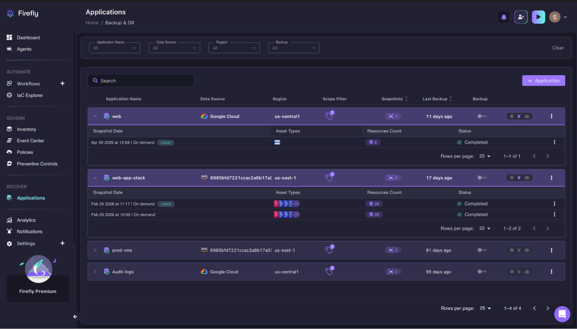 Screenshot of the Firefly Backup and DR Applications dashboard listing four application entries — web on Google Cloud us-central1, web-app-stack on AWS us-east-1, prod-vms on AWS us-east-1, and Audit-logs on Google Cloud — showing snapshot dates, resource counts, and completed backup statuses.